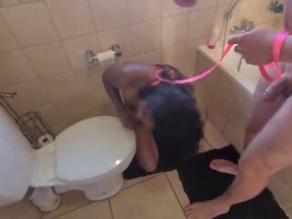 Human toilet indian hooker get pissed on and get her head flushed followed by sucking penis